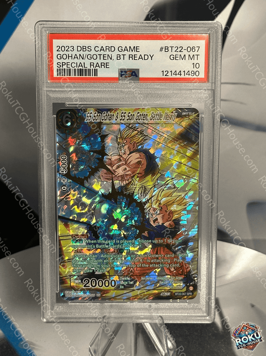 Close-up of SS Son Gohan & SS Son Goten Battle Ready Dragon Ball Super card artwork with PSA 10 label clearly visible