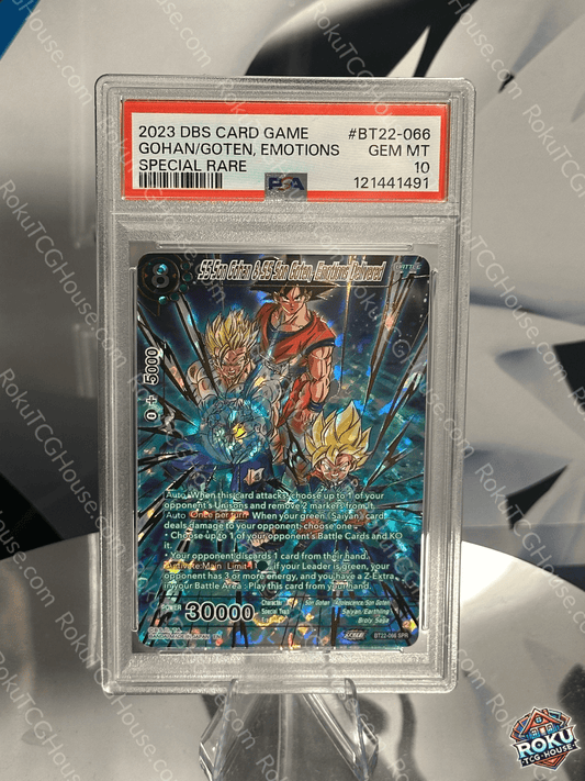 Close-up of SS Son Gohan & SS Son Goten Emotions Delivered Dragon Ball Super card artwork with PSA 10 label clearly visible