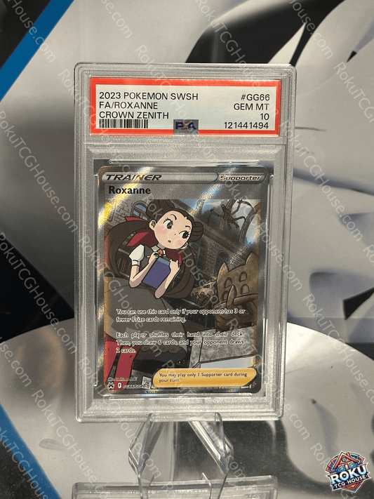 Front of Roxanne Crown Zenith Pokémon card graded PSA 10 in protective PSA case