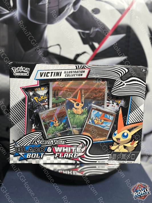 Victini Illustration Collection featuring Black Bolt and White Flare, Pokémon trading cards box with vibrant artwork.
