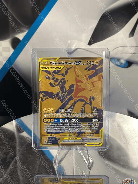 Pikachu & Zekrom GX - SM: Promo - Pokemon Card (NM) displayed in a protective case.
