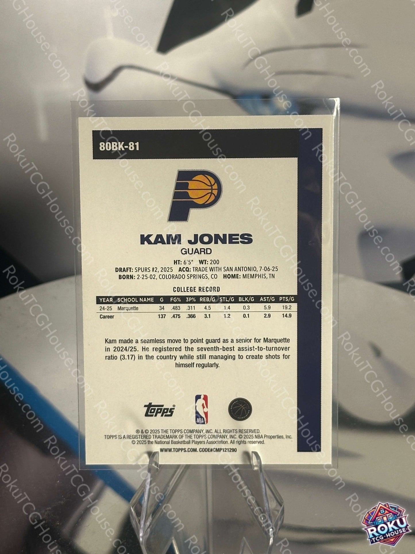 Kam Jones Rookie Card 2025 Topps NBA Card back NM