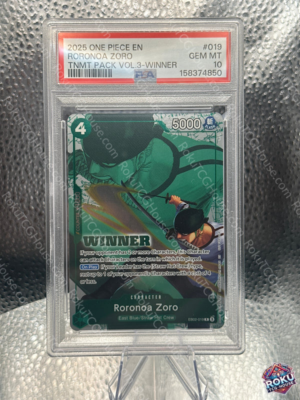 Roronoa Zoro (Winner)(EB02-019) - Tournament Promo Cards - One Piece Card (PSA 10)