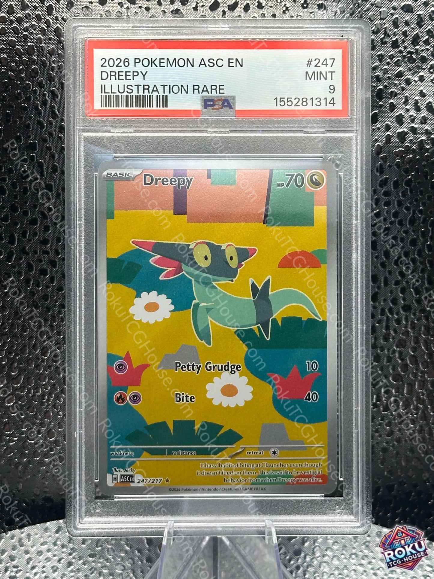 Dreepy - Ascended Heroes Pokemon card in PSA 9 slab featuring vibrant artwork and secure authentication