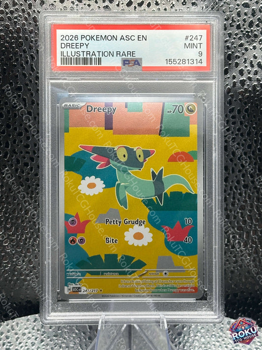 Dreepy - Ascended Heroes Pokemon card in PSA 9 slab featuring vibrant artwork and secure authentication