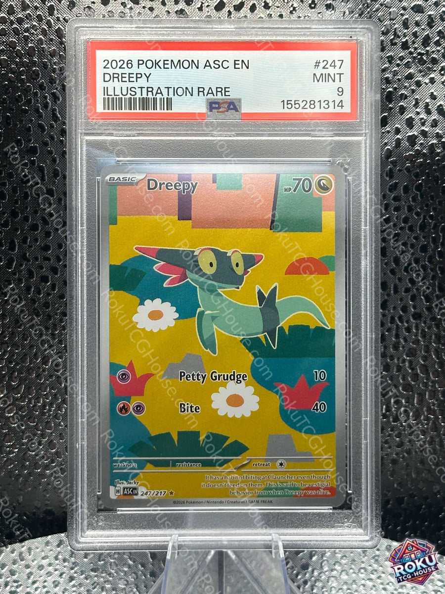 Dreepy - Ascended Heroes Pokemon card in PSA 9 slab featuring vibrant artwork and secure authentication