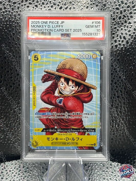 Monkey D. Luffy Promo Card P-106 (JP) graded PSA 10 from One Piece TCG collection in tamper-evident slab.