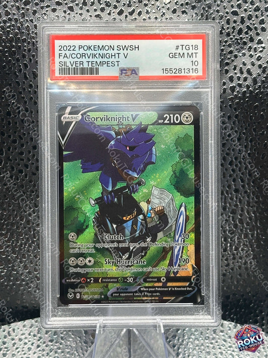 Corviknight V - Silver Tempest Pokémon card graded PSA 10, featuring dynamic artwork and a modern frame.