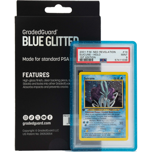 Blue Glitter GradedGuard with official packaging and an example PSA Suicune slab; card and slab not included