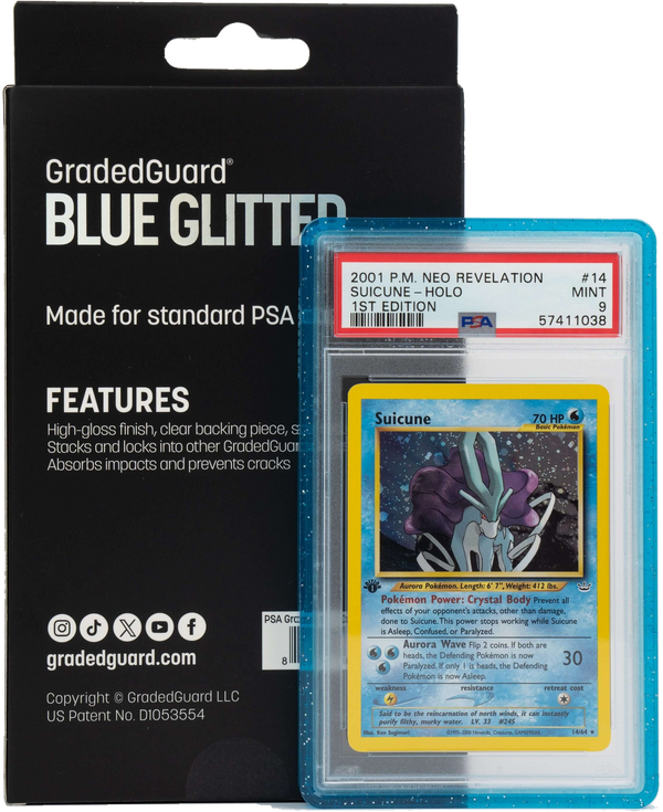 Blue Glitter GradedGuard with official packaging and an example PSA Suicune slab; card and slab not included