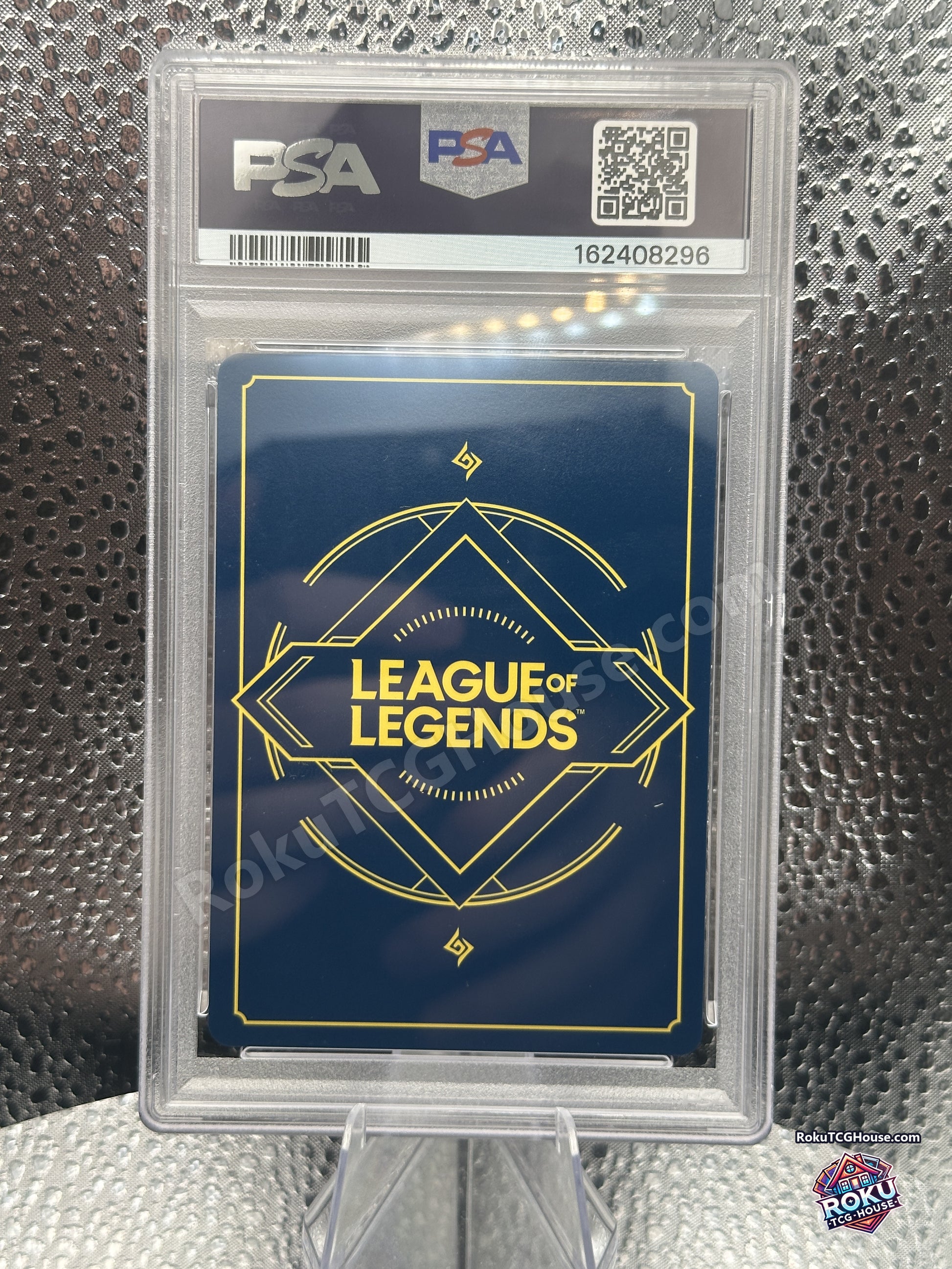 Back of PSA 10 slab showing League of Legends Riftbound card back and PSA cert 162408296