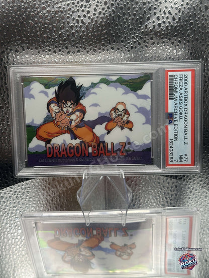 Angled view of the PSA 7 slab showing the chromium finish on Goku and Krillin