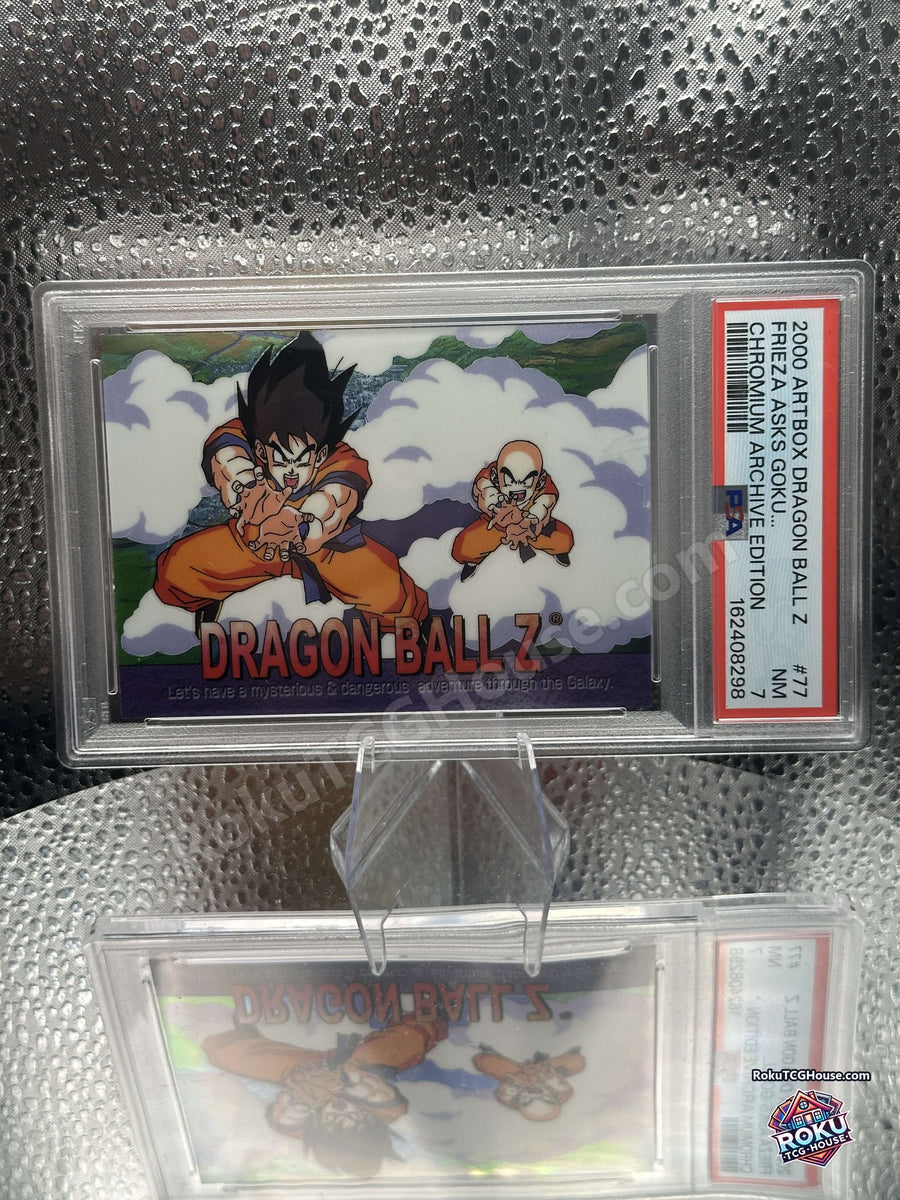Angled view of the PSA 7 slab showing the chromium finish on Goku and Krillin