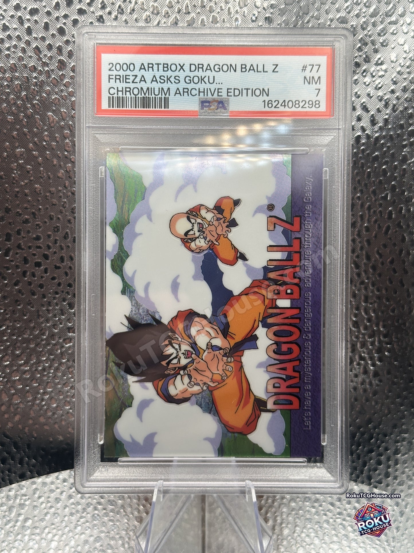 Dragon Ball Z card 77 Frieza Asks Goku 2000 Artbox Chromium Archive Edition graded PSA 7 Near Mint, front of slab
