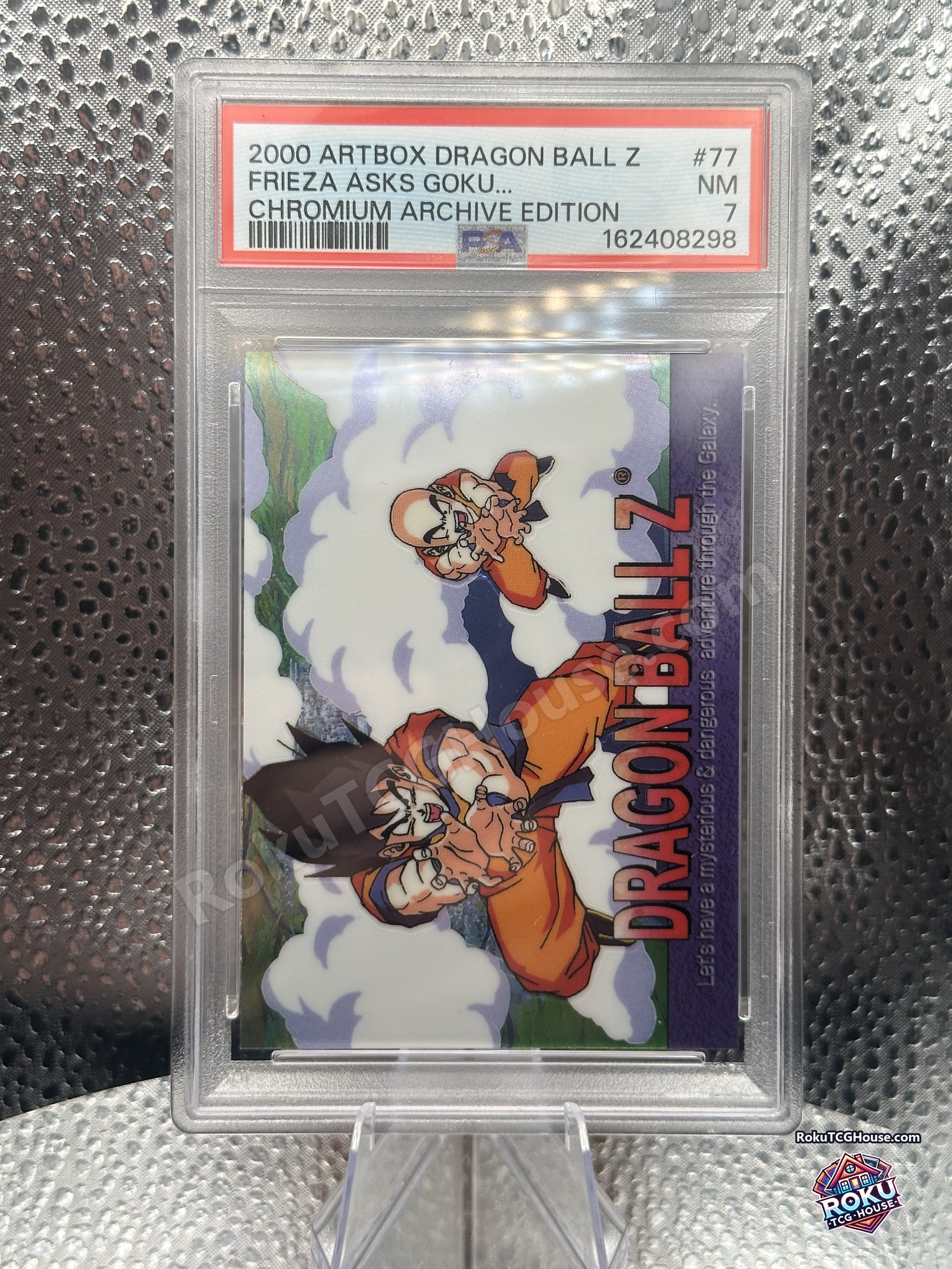 Dragon Ball Z card 77 Frieza Asks Goku 2000 Artbox Chromium Archive Edition graded PSA 7 Near Mint, front of slab