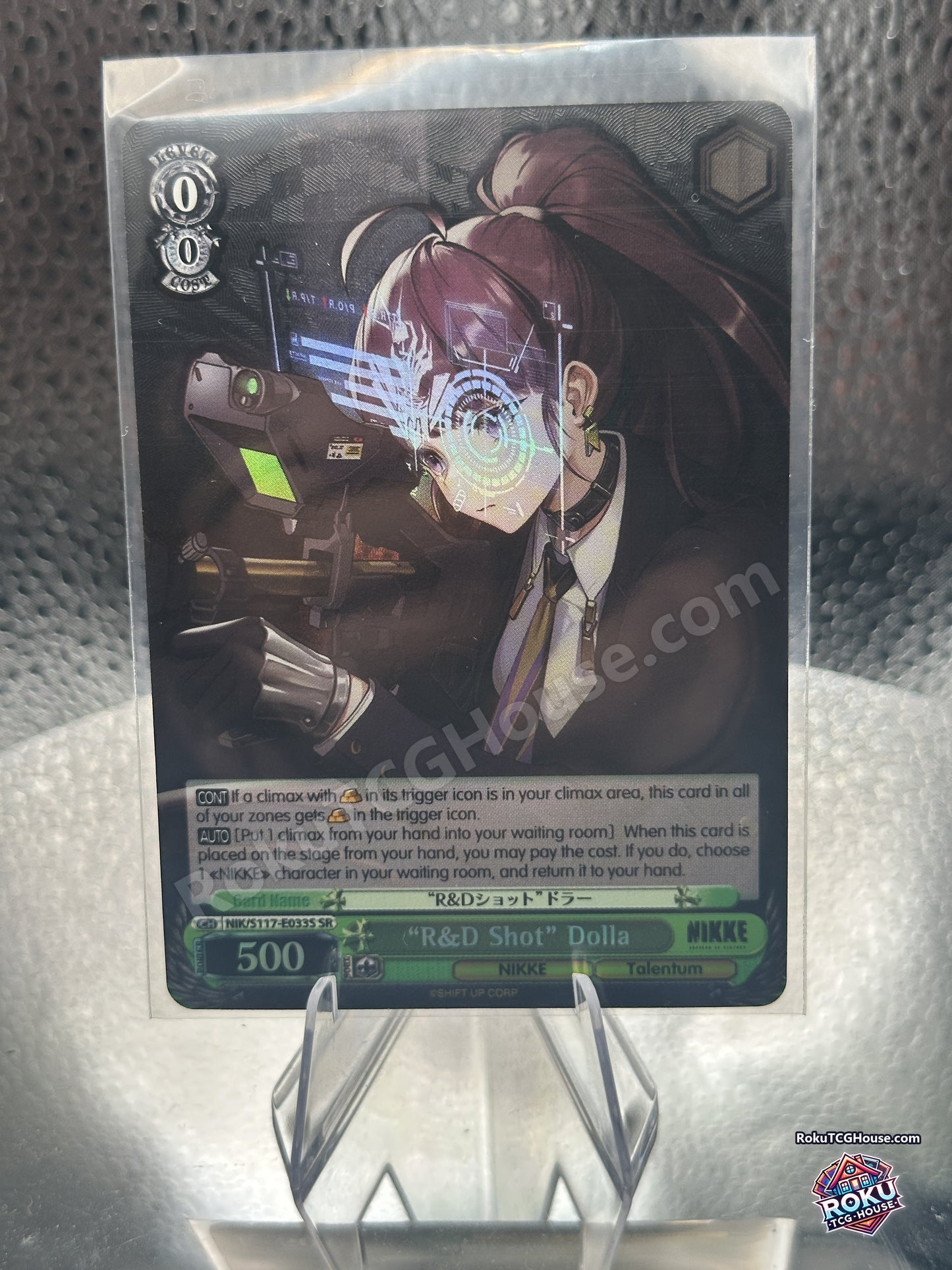 R&D Shot Dolla Super Rare Weiss Schwarz card from GODDESS OF VICTORY NIKKE, front view