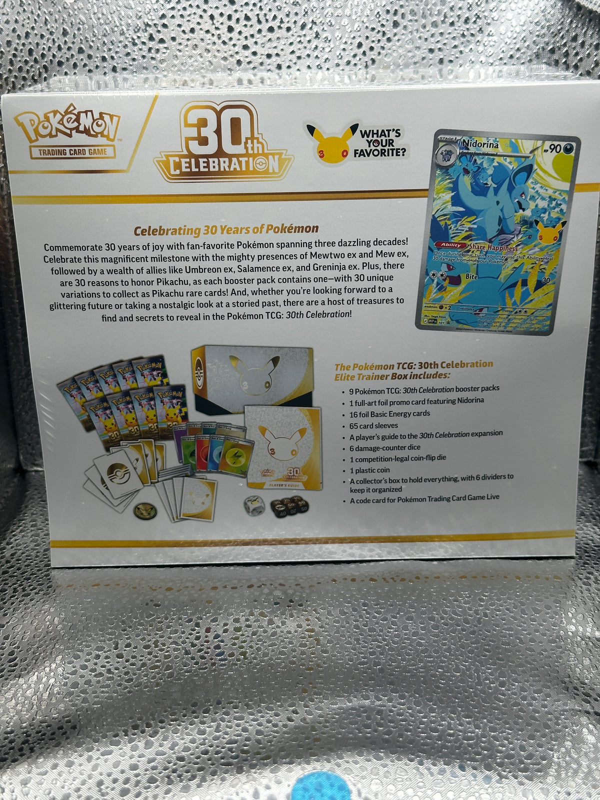 Pokemon TCG 30th Celebration Elite Trainer Box, back showing contents list