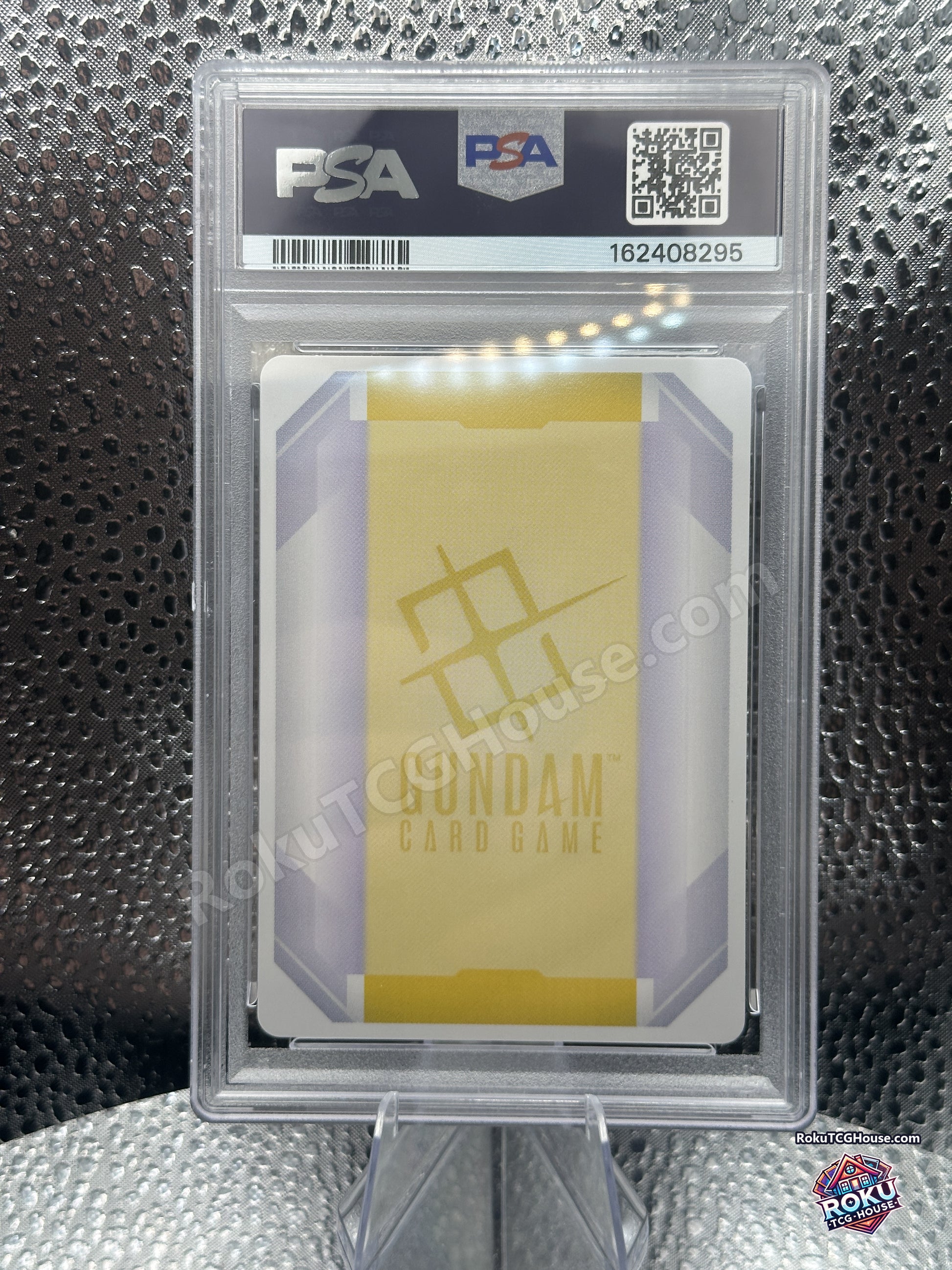 Back of PSA 10 slab showing Gundam Card Game card back and PSA cert 162408295