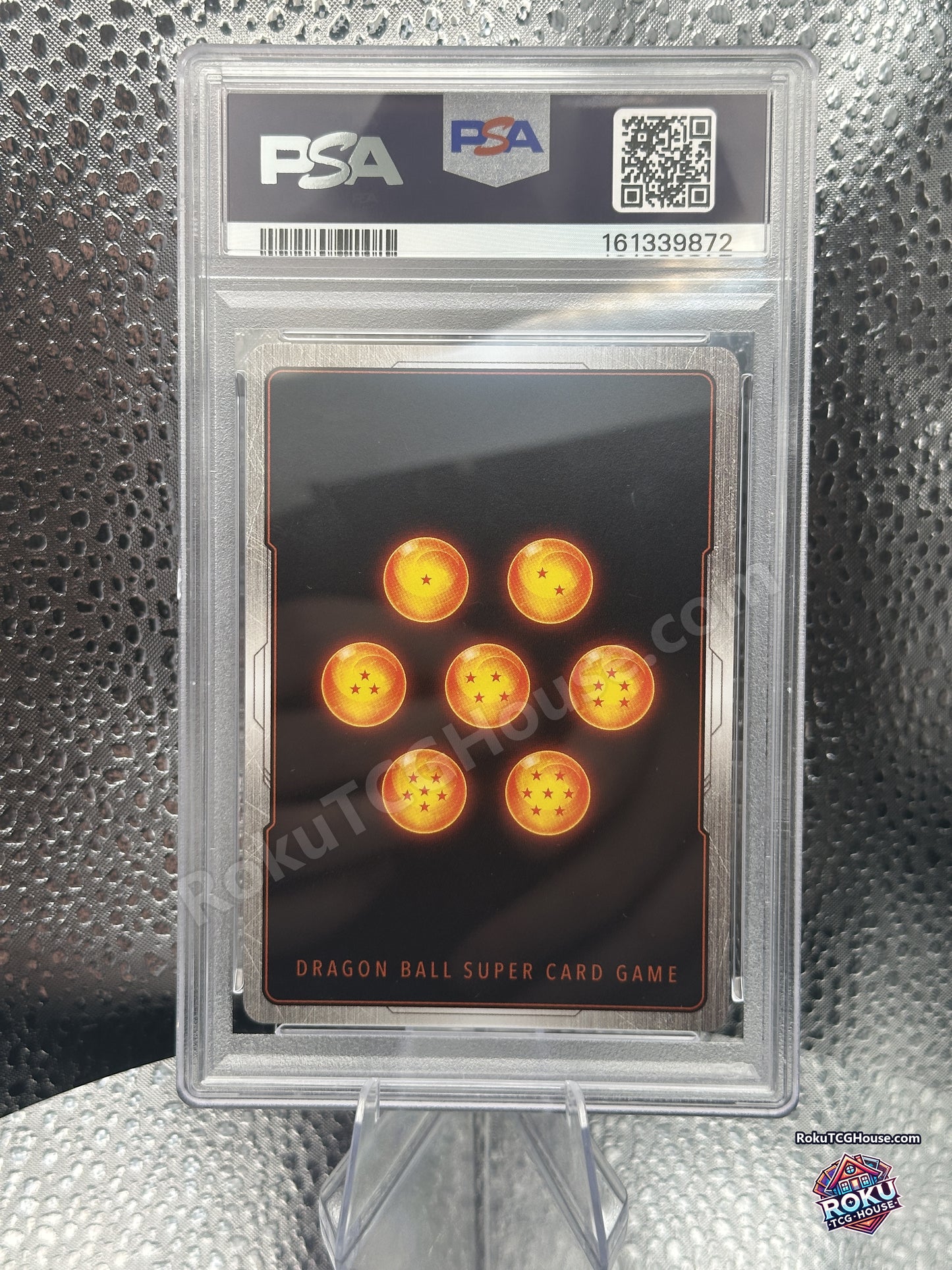 Back of PSA 10 slab showing Dragon Ball Super Card Game card back and PSA cert 161339872