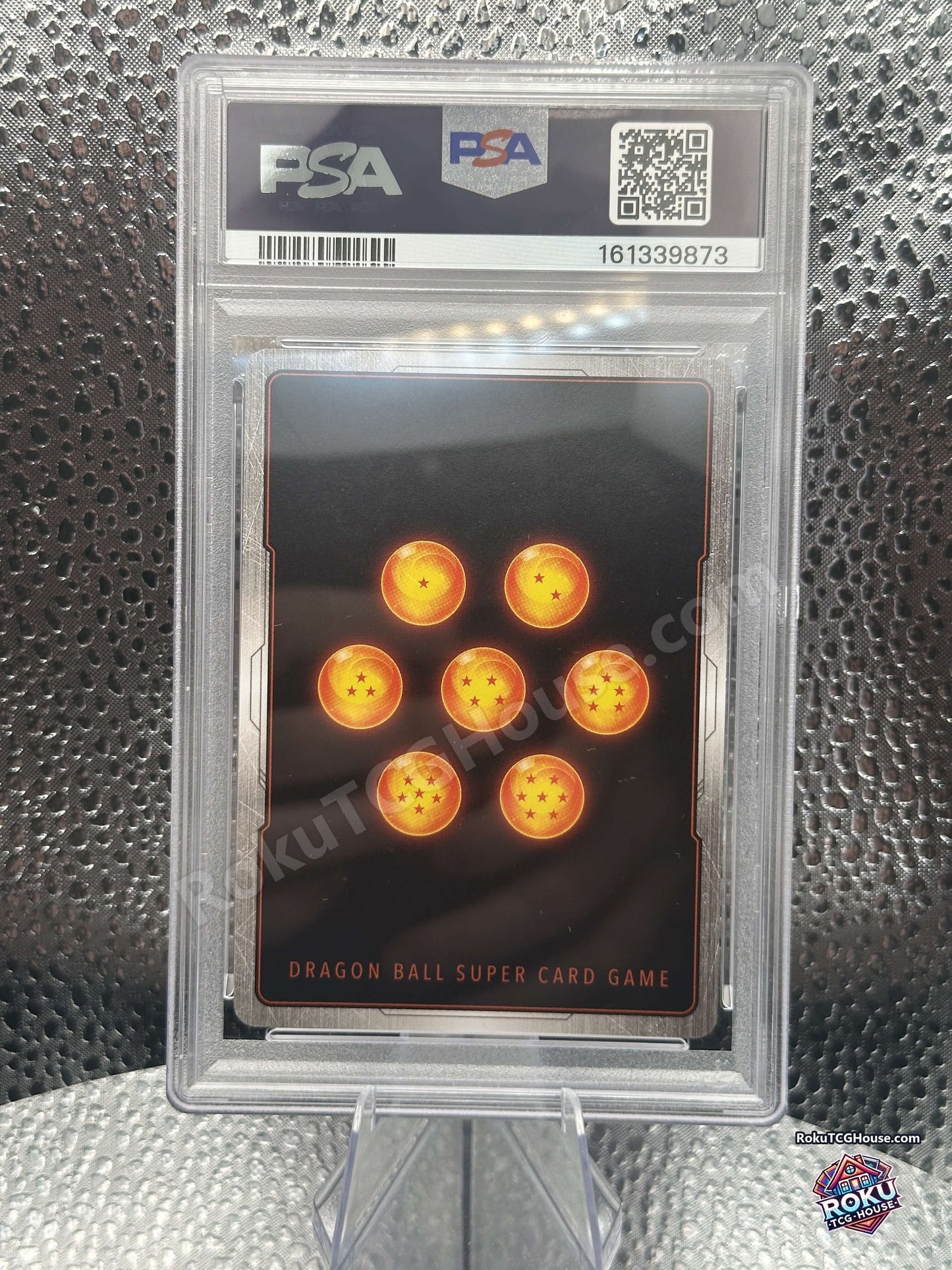 Back of PSA 10 slab showing Dragon Ball Super Card Game card back and PSA cert 161339873