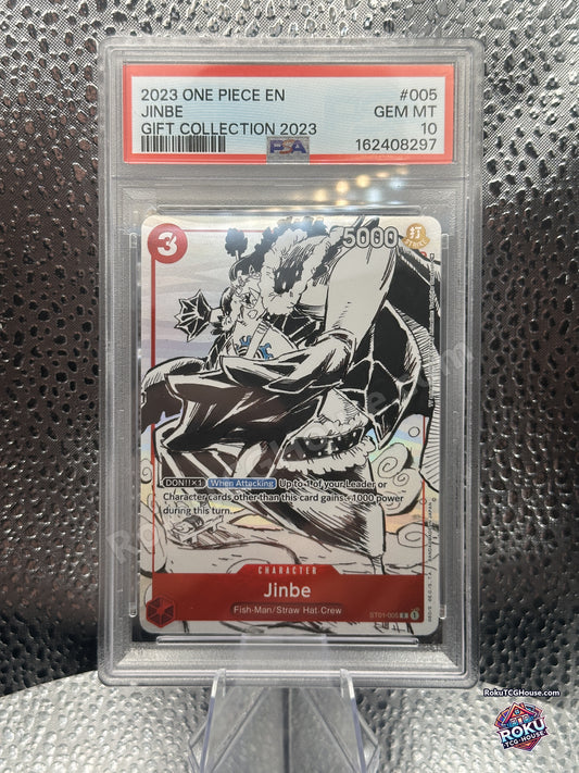 Jinbe Gift Collection 2023 ST01-005 One Piece Card Game manga-style foil graded PSA 10 Gem Mint, front of slab