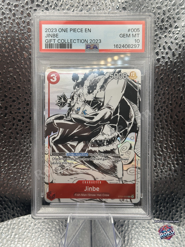 Jinbe Gift Collection 2023 ST01-005 One Piece Card Game manga-style foil graded PSA 10 Gem Mint, front of slab