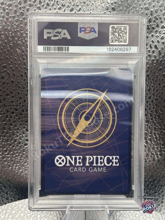 Back of PSA 10 slab showing One Piece Card Game card back and PSA cert 162408297