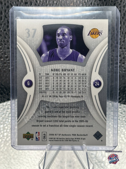 Back of the 2006-07 SP Authentic Kobe Bryant card number 37 showing year-by-year Lakers statistics
