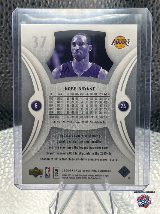 Back of the 2006-07 SP Authentic Kobe Bryant card number 37 showing year-by-year Lakers statistics