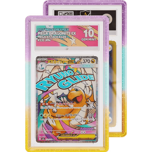 Limited Edition Oasis Graded Guard case holding an AGS graded card slab, pink to teal to gold glitter gradient