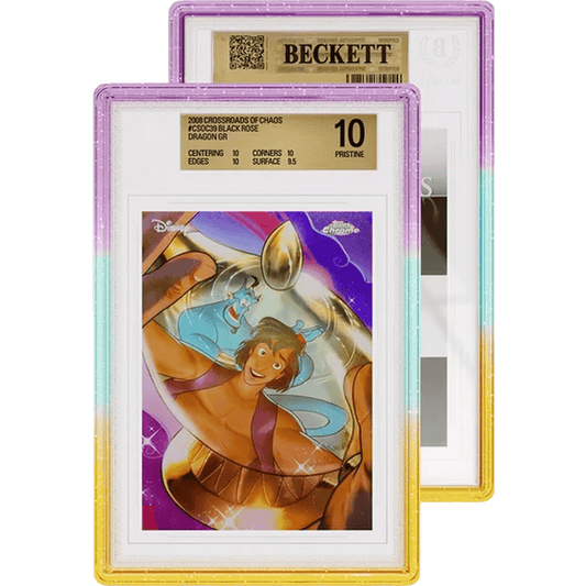 Limited Edition Oasis Graded Guard case holding a BGS Beckett graded card slab, pink to teal to gold glitter gradient
