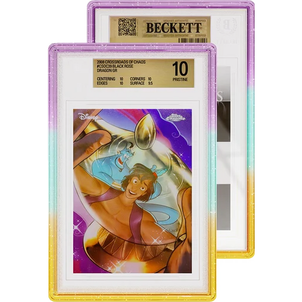 Limited Edition Oasis Graded Guard case holding a BGS Beckett graded card slab, pink to teal to gold glitter gradient