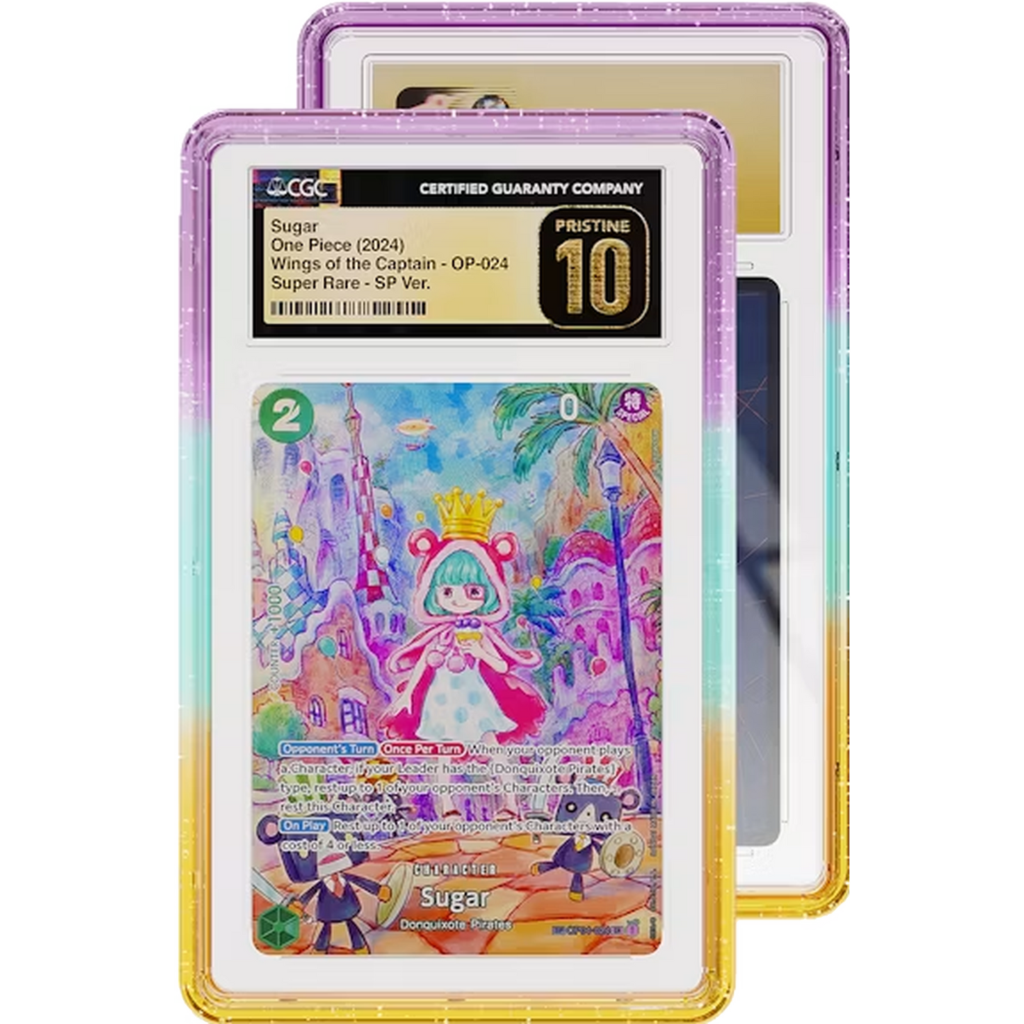Limited Edition Oasis Graded Guard case holding a CGC graded card slab, pink to teal to gold glitter gradient