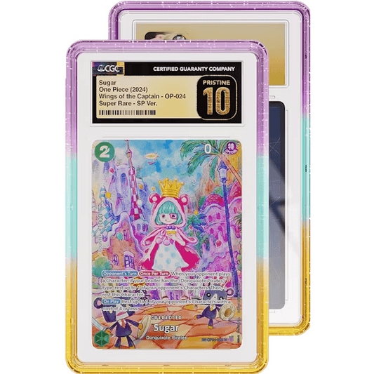 Limited Edition Oasis Graded Guard case holding a CGC graded card slab, pink to teal to gold glitter gradient