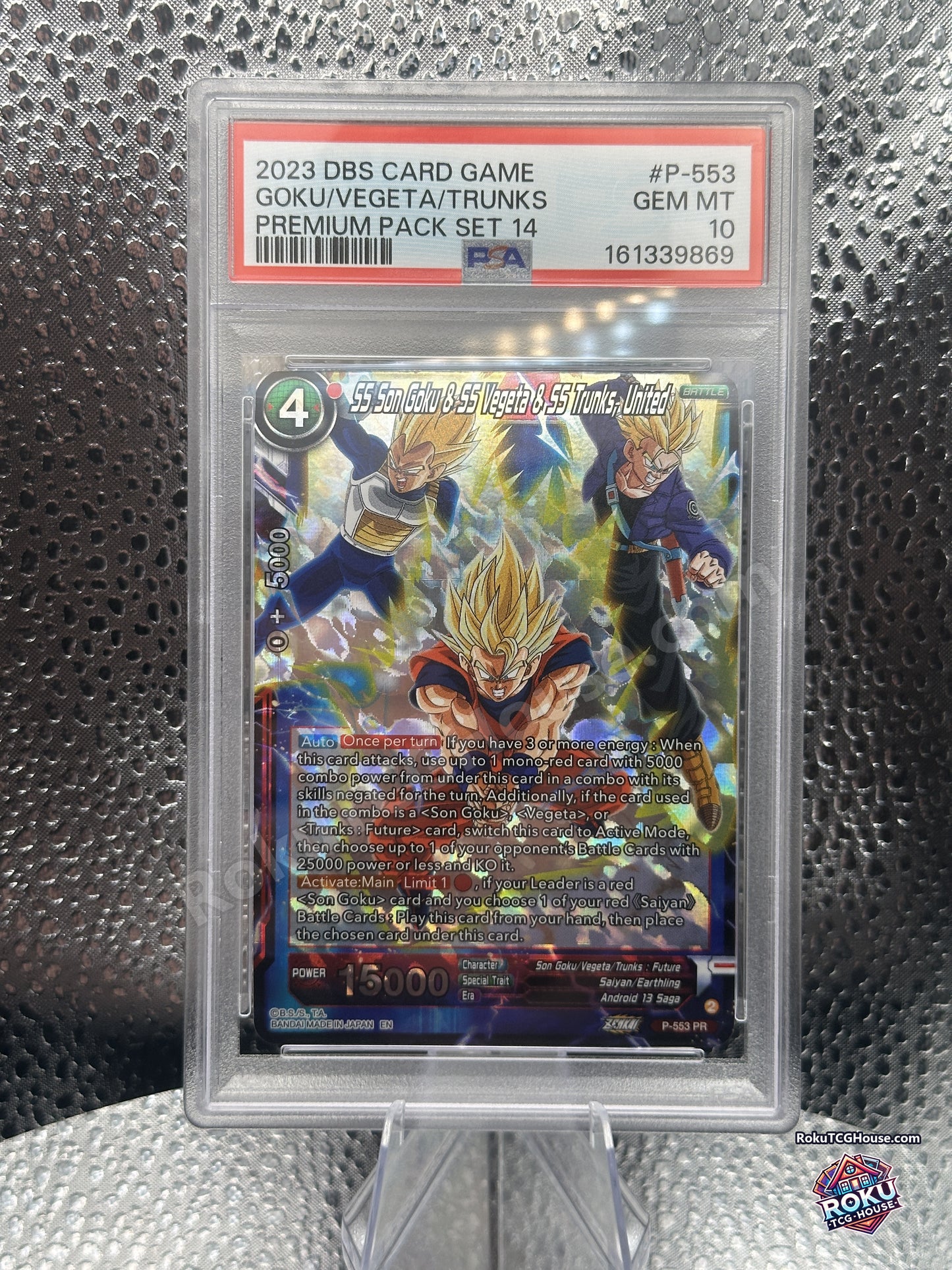 SS Son Goku SS Vegeta SS Trunks United P-553 Dragon Ball Super promo foil graded PSA 10 Gem Mint, front of slab