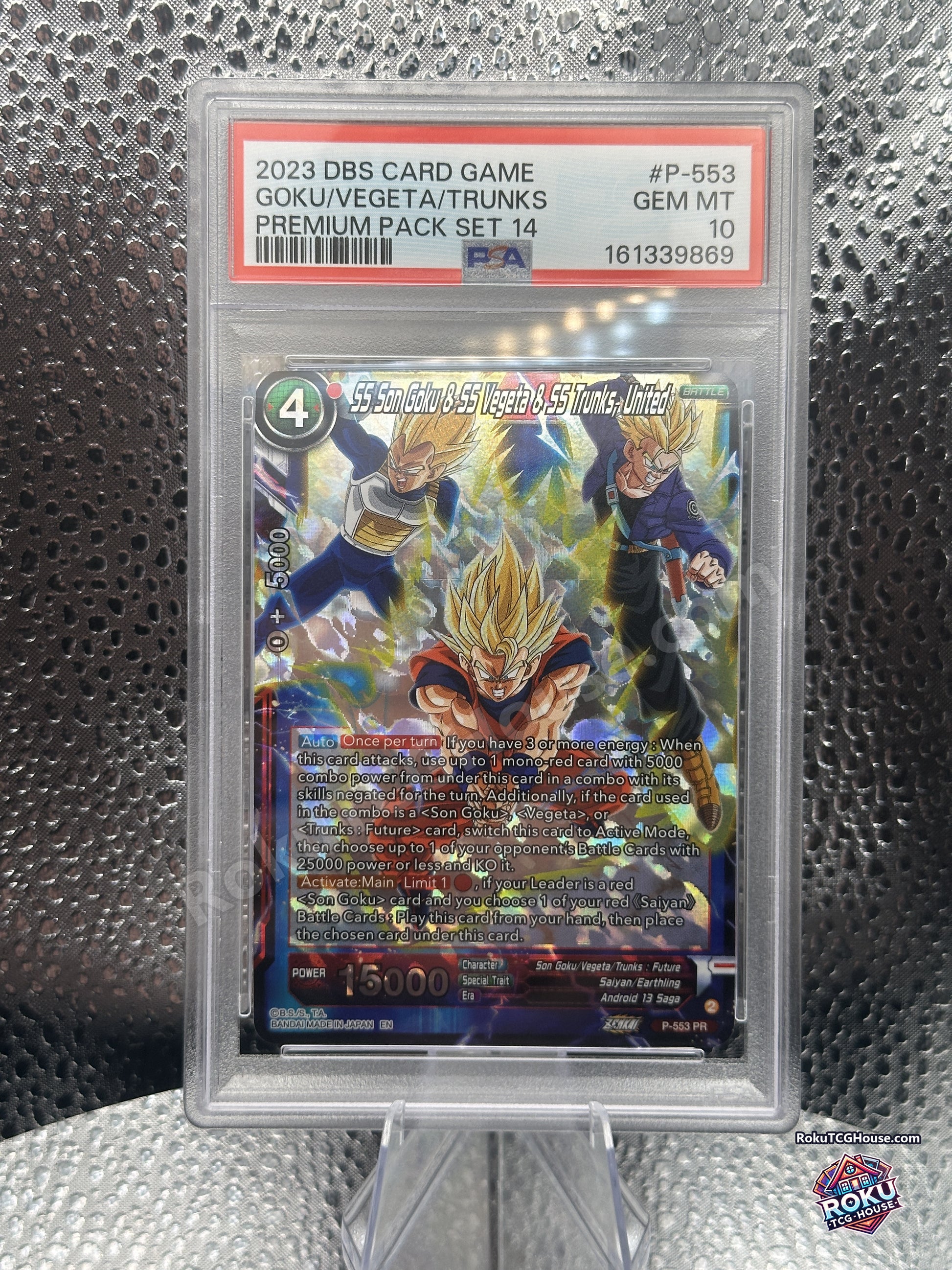 SS Son Goku SS Vegeta SS Trunks United P-553 Dragon Ball Super promo foil graded PSA 10 Gem Mint, front of slab