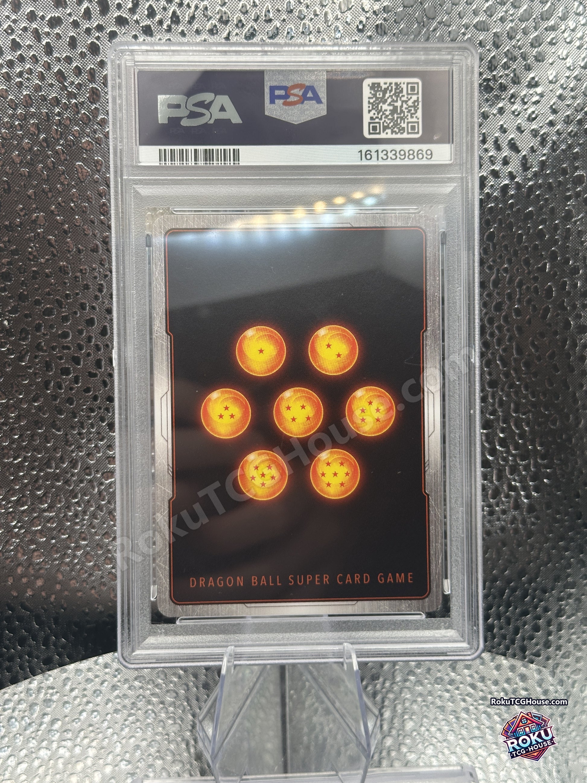 Back of PSA 10 slab showing Dragon Ball Super Card Game card back and PSA cert 161339869