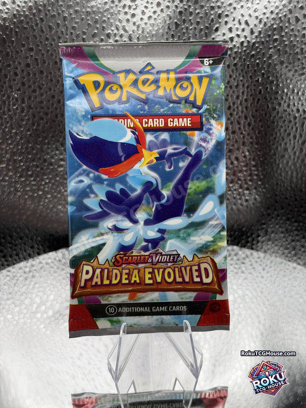 Sealed English Pokémon TCG Scarlet & Violet Paldea Evolved booster pack with Quaquaval artwork, photographed by RokuTCGHouse.