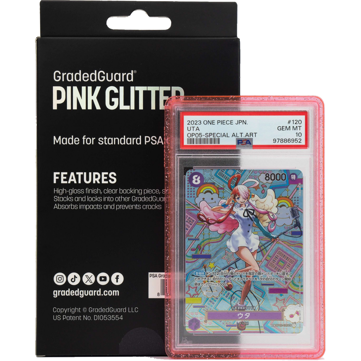 Pink Glitter GradedGuard with official packaging and an example PSA Uta slab; card and slab not included