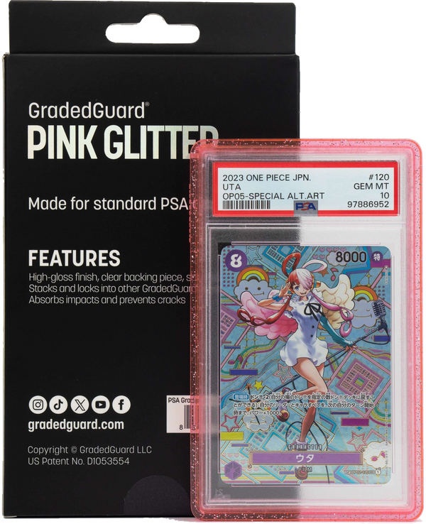 Pink Glitter GradedGuard with official packaging and an example PSA Uta slab; card and slab not included