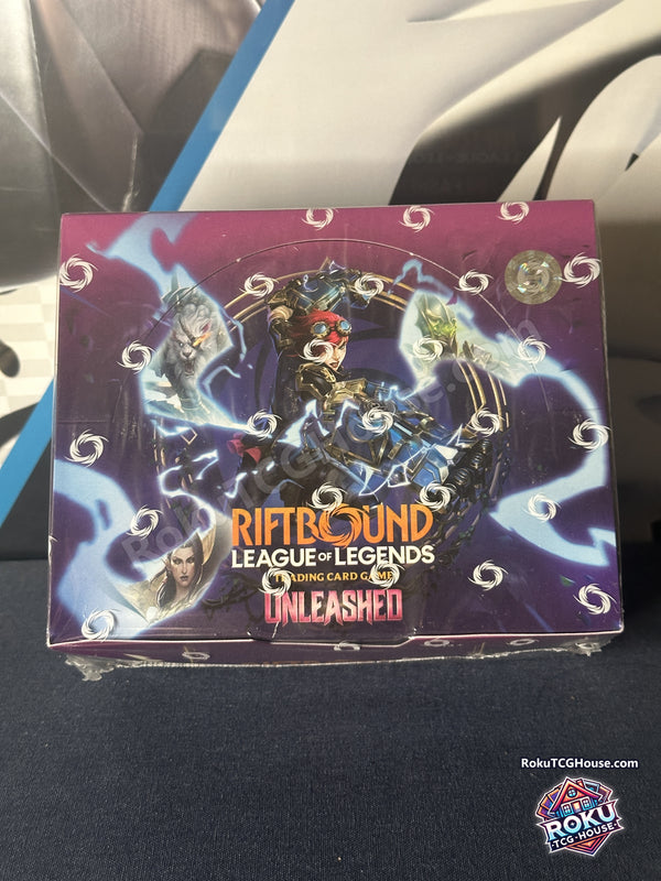 Riftbound League of Legends TCG Unleashed sealed booster display box, top view