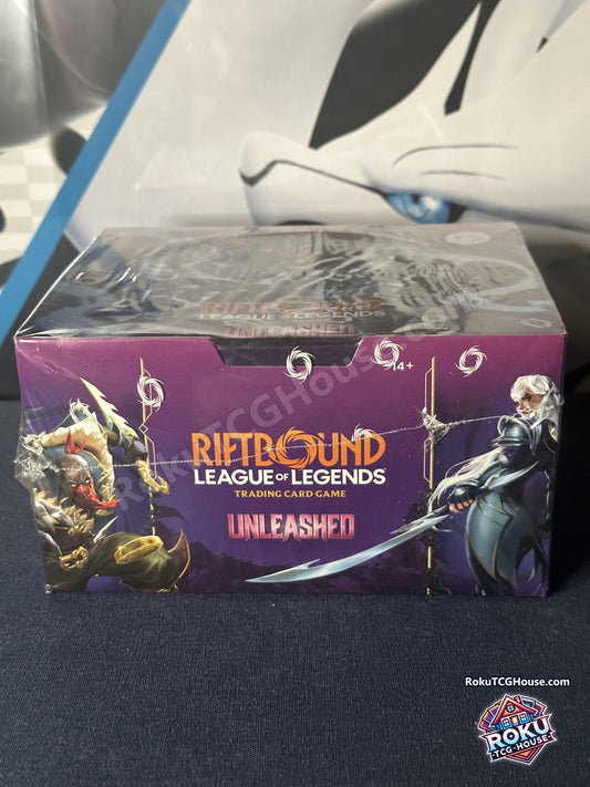 Riftbound League of Legends TCG Unleashed sealed booster display box, angled view