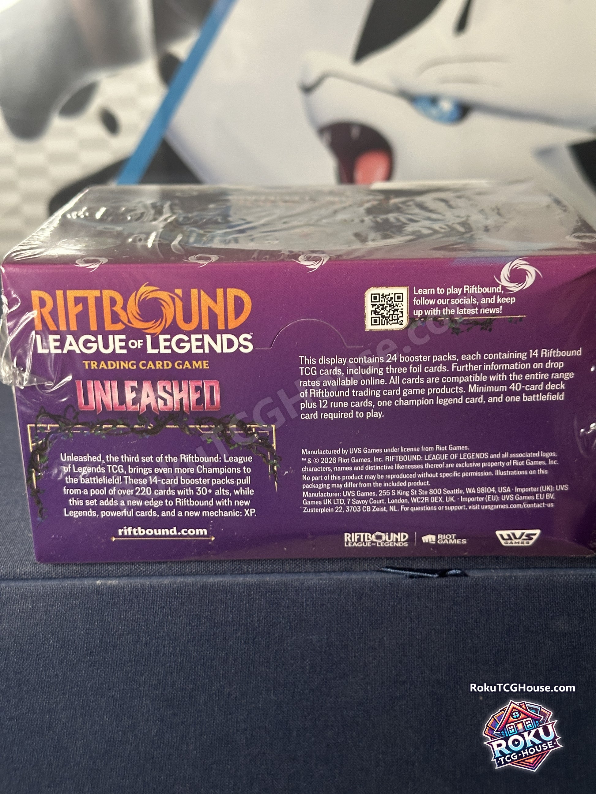 Riftbound League of Legends TCG Unleashed booster display box, back panel showing 24 packs of 14 cards