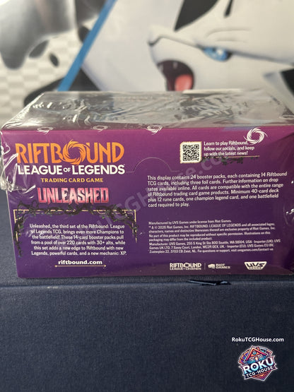 Riftbound League of Legends TCG Unleashed booster display box, back panel showing 24 packs of 14 cards