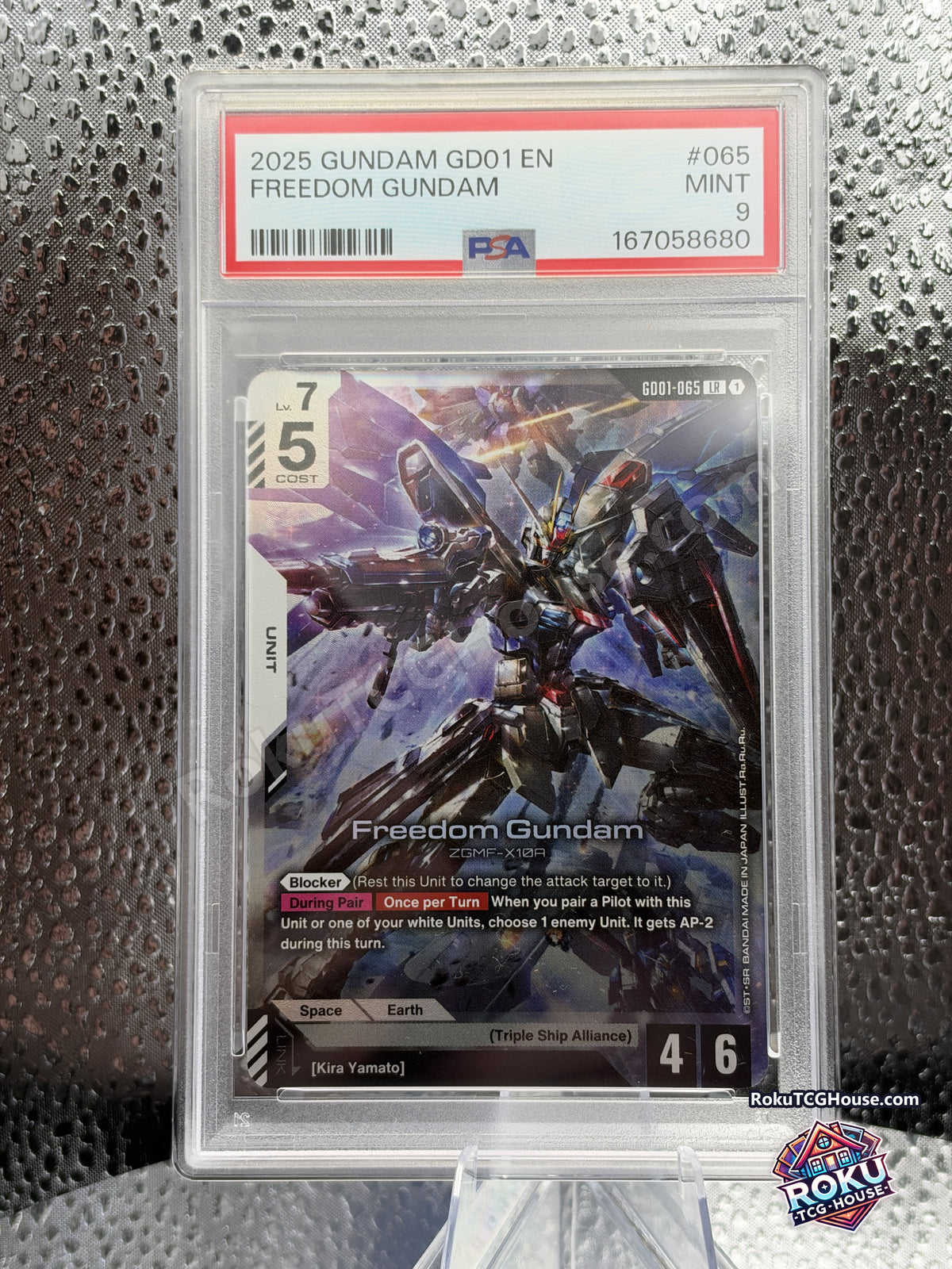 Freedom Gundam GD01-065, PSA 9 cert 167058680, front - RokuTCGHouse watermarked photo