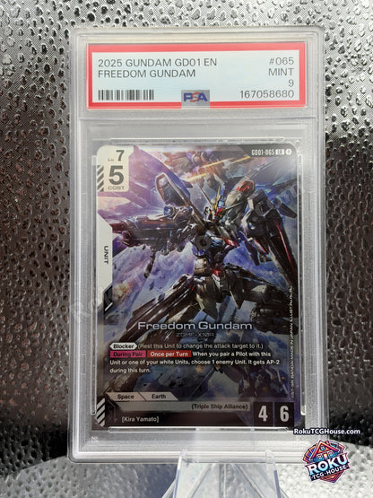 Freedom Gundam GD01-065, PSA 9 cert 167058680, front - RokuTCGHouse watermarked photo