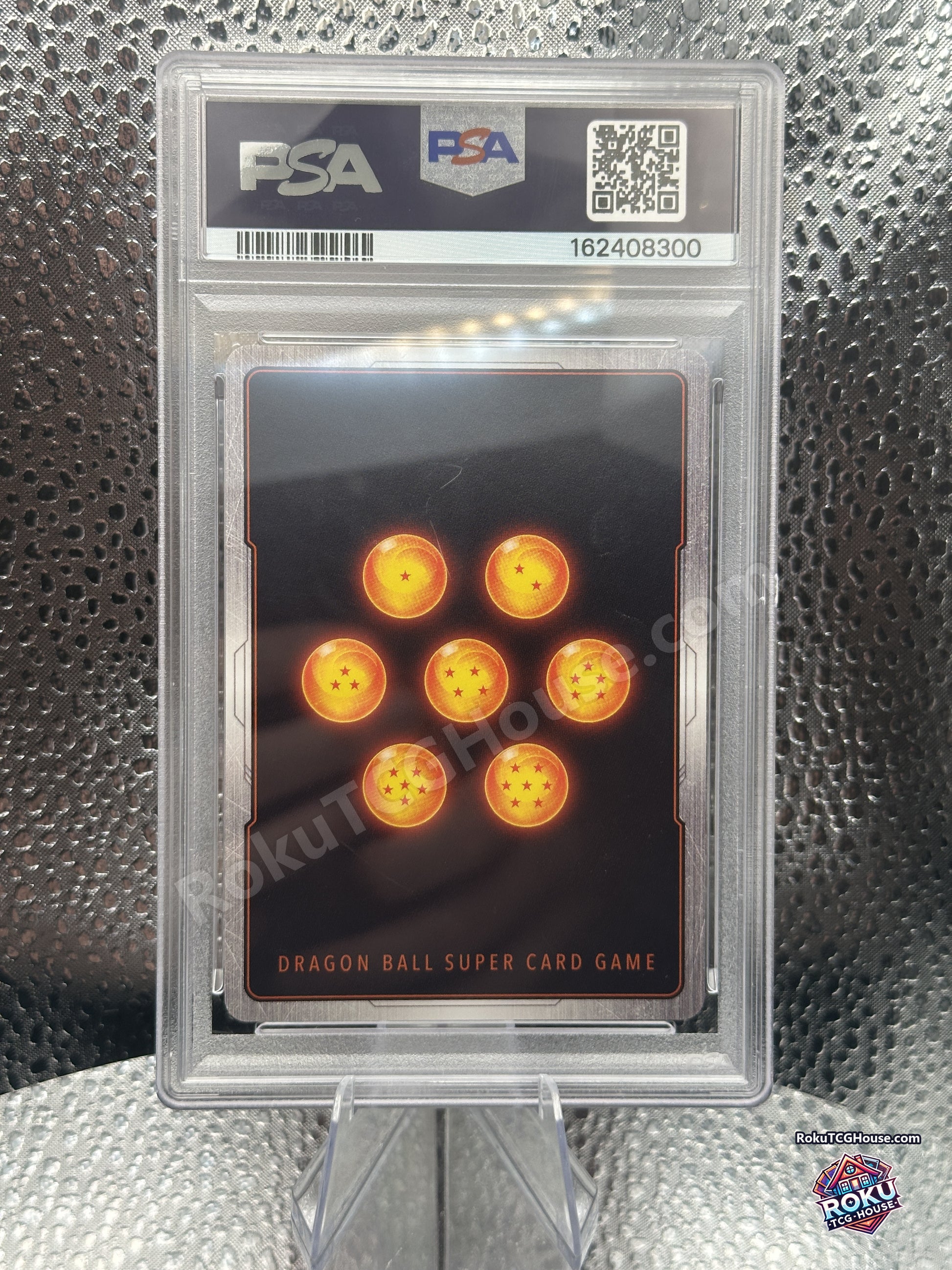 Back of PSA 10 slab showing Dragon Ball Super Card Game card back and PSA cert 162408300
