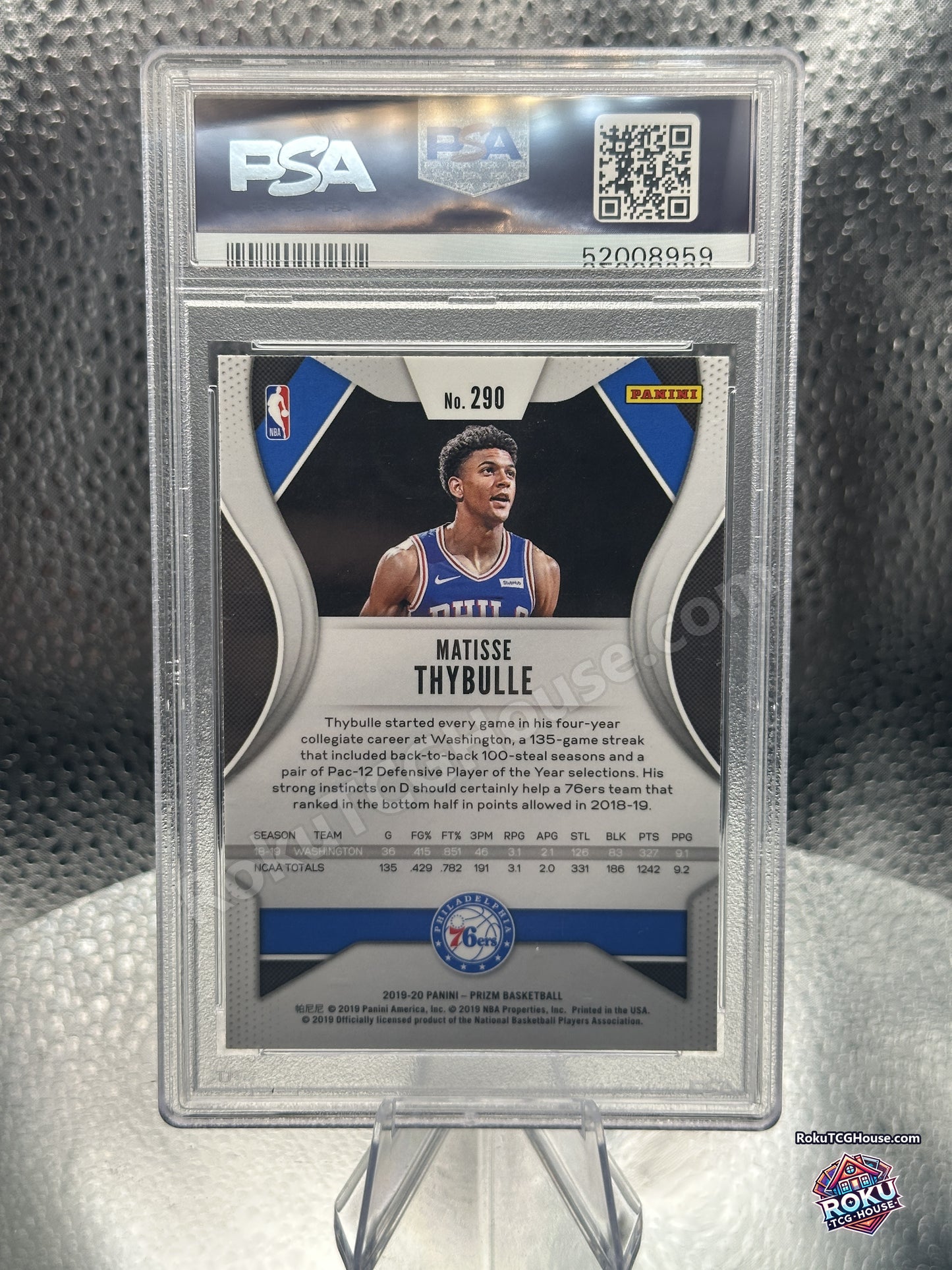 Back of the PSA 10 slab showing the PSA hologram and the card back with college statistics