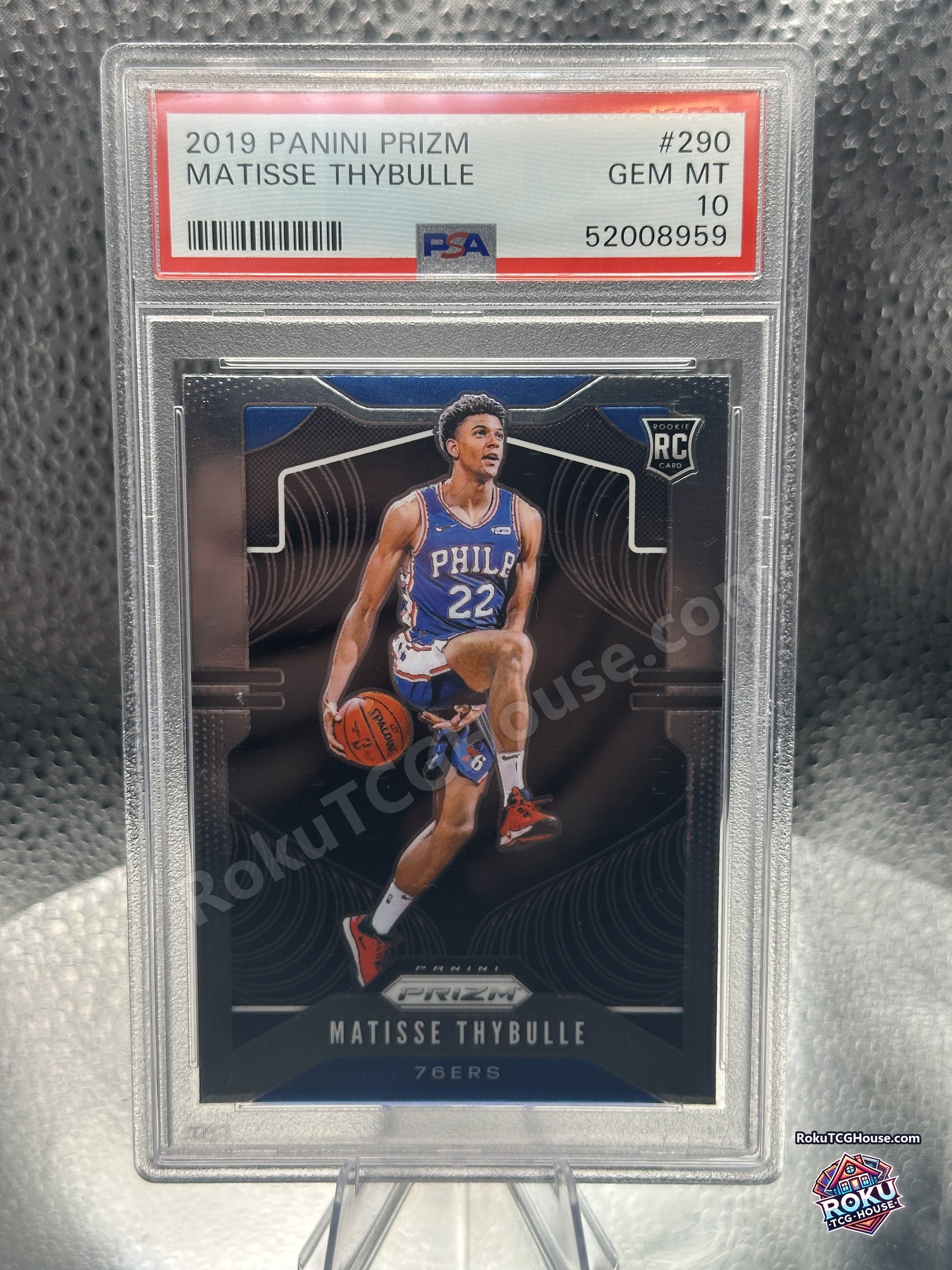 2019-20 Panini Prizm Matisse Thybulle rookie card number 290 in a PSA 10 Gem Mint slab, front view