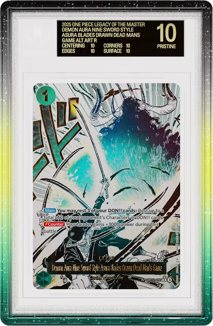 Limited Edition Graded Guard Vortex on a BGS slab, front view - black to yellow to green glitter gradient